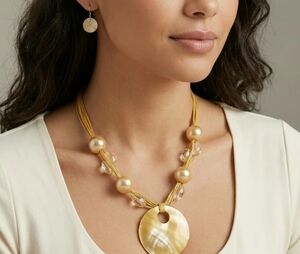Gold-Tone Round Shell Pendant Necklace - Women Jewelry